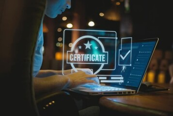 Poster - Digital Compliance: Secure Certification & Document Validation. Professional working on laptop, interacting with digital certificate icon, online     