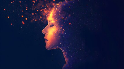 Poster - Ethereal Woman with Cosmic Particles Emanating from Head, Symbolizing Creativity, Imagination, and Connection to Universe in Abstract Digital Art