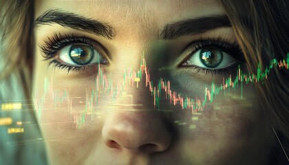 Poster - Close-Up of Determined Woman's Face with Intense Eyes Analyzing Financial Data and Stock Market Trends, Symbolizing Investment and Economic Growth in a Digital World
