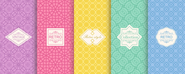 Fototapete - Set of Cute geometric seamless patterns on vibrant background with minimal labels, frames. Abstract  vector textures.Vintage  Design for print, vaucher, decor, package, banner