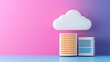 © AI Photo Stock - Cloud Data Storage and Servers - Modern illustration of cloud data storage and servers, ideal for technology and business concepts. Clean design with pink and blue background.