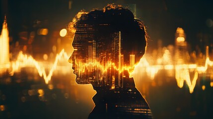 Poster - Creative Portrait of a Young Man Silhouetted Against an Abstract Cityscape with Vibrant Sound Waves Representing Music, Technology, and Urban Life