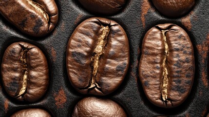 Close-up of roasted coffee beans showcasing texture and color variations on a dark background