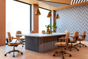 Poster - modern corporate meeting room with wooden table and leather chairs, large windows, and stylish decor