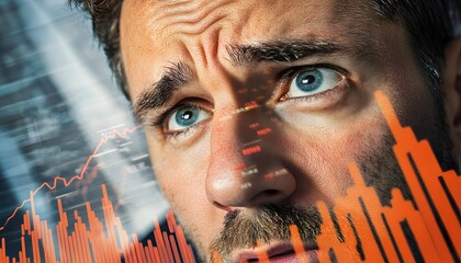 Poster - Intense Focus on Financial Trends: Man Analyzing Data and Market Graphs with Concerned Expression, Capturing the Emotion of Uncertainty in Investment Decisions