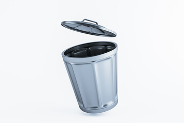 Poster - Open metallic trash can with lid on a light background. 3D Rendering
