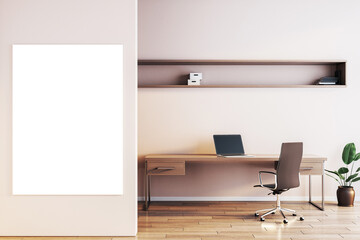Poster - Modern home office interior with desk, chair, laptop, plant, and vertical blank white canvas on wall. Concept of workspace design. 3D Rendering