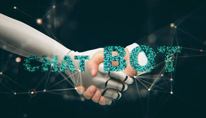 Poster - Chatbot handshake concept with human and robot hands shaking, holographic text, and abstract digital background.