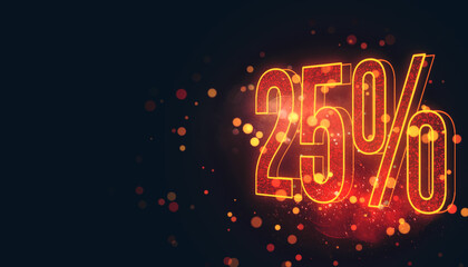 Poster - Neon glowing 25 percent discount sign in vibrant orange with bokeh light effect on dark background. 3D Rendering