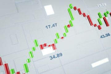 Poster - 3D rendering of financial candlestick chart with green and red bars on light background, representing stock market data and analysis. 3D Rendering