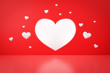 Poster - Abstract white hearts on vibrant red background. 3D Rendering