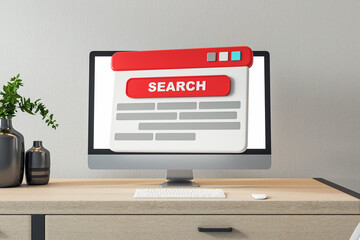 Poster - Abstract search engine interface on desktop screen in modern office setting. 3D Rendering