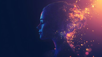 Poster - Ethereal Portrait of a Profile Shimmering with Abstract Colorful Particles and Light, Capturing the Essence of Imagination and Creativity in a Dreamlike Atmosphere