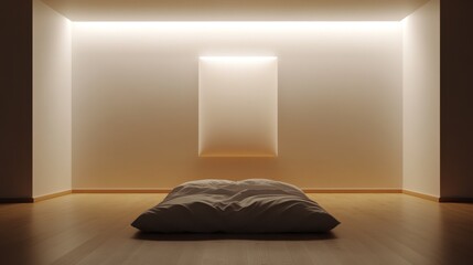 A minimalist room with a white rectangular light panel on the back wall and a rumpled white duvet on the wooden floor