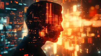 Aufkleber - Human Silhouette with Digital Overlay Representing Technology and Innovation in an Abstract Futuristic Landscape of Data and Information Flowing in Bright Colors