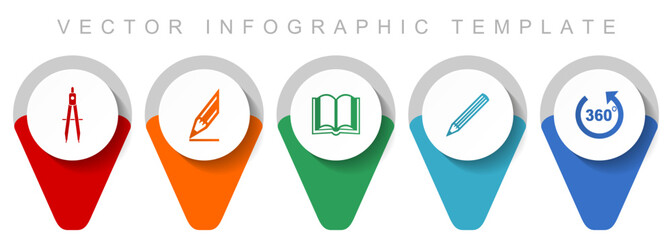 Fototapete - Education pointer collection, miscellaneous icons such as calippers, pencil, book and 360 degree, flat design vector infographic template in eps 10