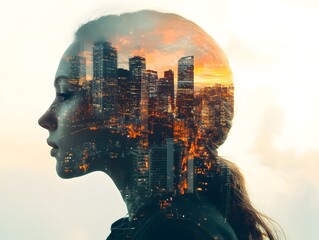 Aufkleber - Ethereal Silhouette of Woman Merged with Luminous Urban Landscape, Capturing the Essence of Modern Life and Inner Reflection in Exquisite Double Exposure Technique.