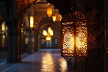 Wall Mural - Glowing 3D Ramadan Lantern with Ornate Details.