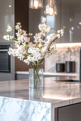 Poster - Delicate white cherry blossoms in a glass vase on a marble kitchen island