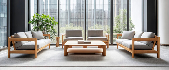 Poster - Elegant modern lounge area with wooden furniture and large windows overlooking greenery