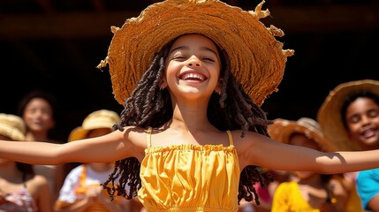 a group of children in cute summer outfits, with the girls in dresses and the boys in colorful t-shi