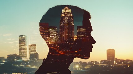 Poster - Profile silhouette of a man layered with a vibrant city skyline at dawn, illustrating connection between individual and urban landscape in a modern setting.