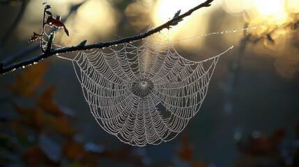 A macro shot of a dew-covered spider web on a tree branch, with sharp focus on the delicate, glistening strands, showcasing the intricate texture of the web and the surrounding foliage