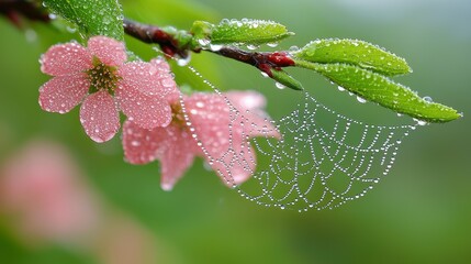 A macro shot of a dew-covered spider web on a tree branch, with sharp focus on the delicate, glistening strands, showcasing the intricate texture of the web and the surrounding foliage