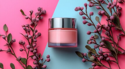 Poster - Stylish Cosmetic Jar Surrounded by Flowers on Pink and Blue Background