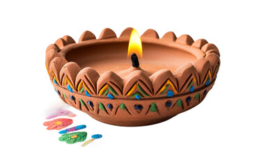 Diya Lamp with Beautiful Rangoli Designs and Clay Base Isolated on transparent background.