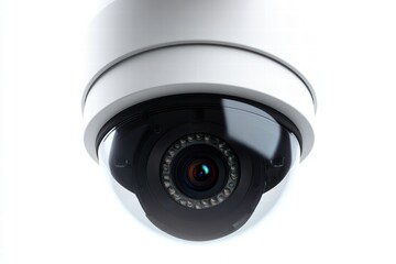 Poster - Close-up view of a CCTV camera lens mounted on a white surface capturing surveillance activity