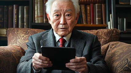 Poster - An elderly man is sitting on a couch and holding a tablet. He is looking at the screen with a surprised expression