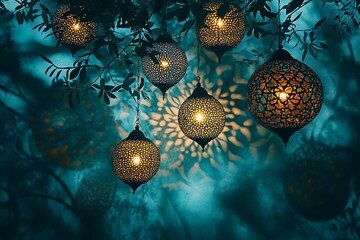 Wall Mural - Silhouette of Glowing Moroccan Ornamental Lanterns.