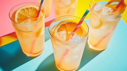 Four takeaway glasses of summer drinks with ice lemonade isolated on a colorful background