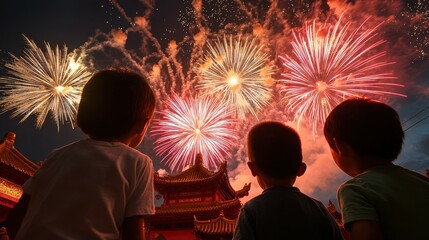 Children in awe watching vibrant fireworks display at night festive celebration outdoor captivating viewpoint