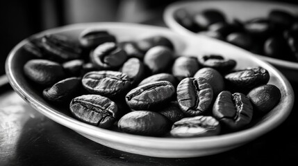 Close-up of roasted coffee beans in white bowls on a dark surface, highlighting their texture