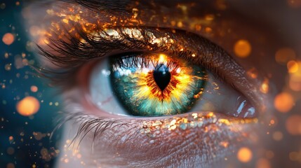 Poster - close-up of a human eye showcasing a mesmerizing blend of blue and fiery orange colors, surrounded by glowing particles that enhance the overall intensity and artistic expression