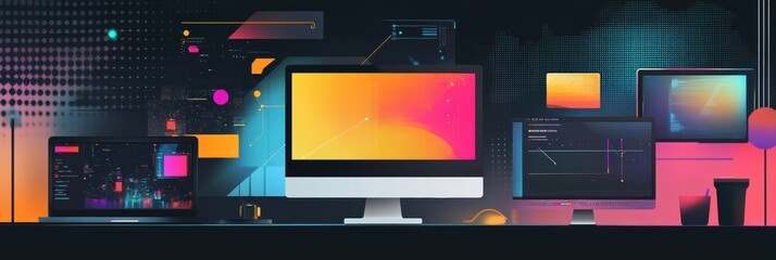 Poster - Graphic layouts for advertising featuring modern digital screens in vibrant colors