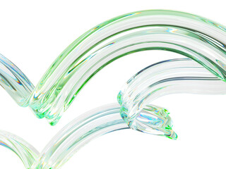 Poster - Abstract 3d green nature background with liquid glass transparent wave ribbons png render. Iridescent fluid flow curve shapes with dispersion light and holographic gradient texture. 3D illustration
