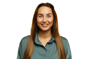 Smiling woman with long hair wearing a green blouse in a bright, neutral background setting