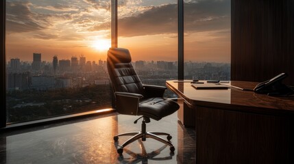 Canvas Print - A modern office scene featuring a sleek chair and desk, bathed in warm sunset light, with a stunning cityscape view through large windows.