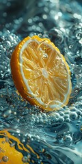 Poster - Fresh lemon slice splashing in crystal clear water with dynamic water drops and bubbles against turquoise background. Perfect for beverage advertising and healthy lifestyle concepts.