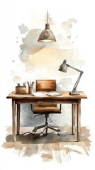 Poster - A cozy workspace featuring a wooden desk, an adjustable lamp, and organized stationery, all set against a soft watercolor backdrop.