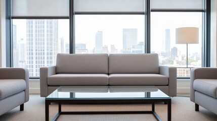 Canvas Print - Modern living room with a stylish couch, glass coffee table, and large windows showcasing a city skyline, creating a bright and inviting atmosphere.