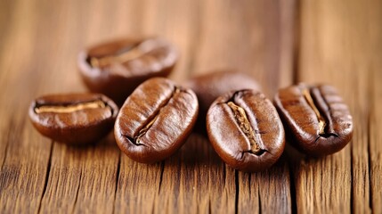 Close-up of roasted coffee beans arranged on a rustic wooden surface, showcasing their texture and color