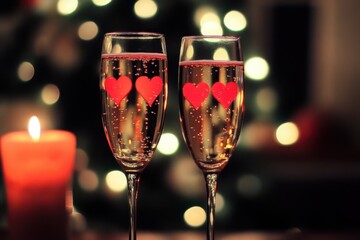 Wall Mural - Two heart-decorated champagne glasses beside a candle create a romantic Valentine's Day setting.