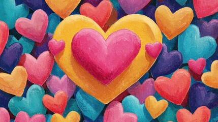 Poster - A collection of colorful hearts in different sizes and hues fills the background, conveying love
