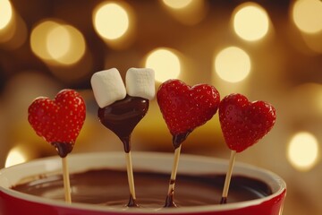 Wall Mural - A cup holds four strawberries and marshmallows on sticks, perfect for a sweet Valentine's Day treat.