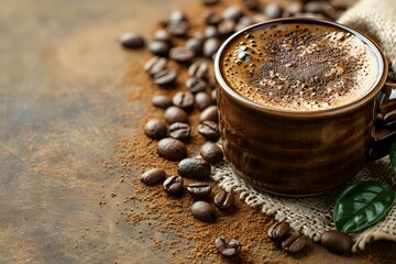 Wall Mural - Fresh aromatic coffee in rustic ceramic cup with roasted beans and green leaf on textured background, perfect for cafe menu, food blogs and coffee advertising.