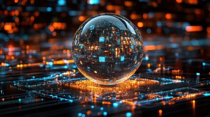 Fototapete - A glass sphere emits a warm glow, resting on a vibrant circuit board filled with blue and orange lights